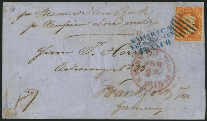 30c Orange (38).> Rich color, tied by grid, red N. York Brem. Pkt. Paid 24 Feb. 28 credit datestamp on blue 1861 folded cover <to Frankfort, Germany,> blue Bremen Franco handstamp, transit and receiving
backstamps, some slight ink erosion in addr