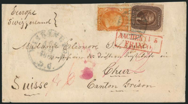 30c Orange (38).> Cut in and slightly oxidized, <used with 5c Brown, Ty. II (30A)> and tied by large grid, Washington D.C. Apr. 29, 1861 circular datestamp on cover <to Switzerland,> 30c also tied by red boxed
Aachen Franco handstamp, few small r