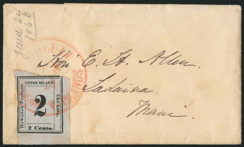 1860, 2c Black, Grayish (16).> Plate 3-F, Ty. IX (Westerberg Position 9), huge margins to just barely in at left and top right, large bottom sheet margins, tied by red Honolulu, Hawaiian-Islands Jun. 25 (1860)
circular datestamp on small cover to H