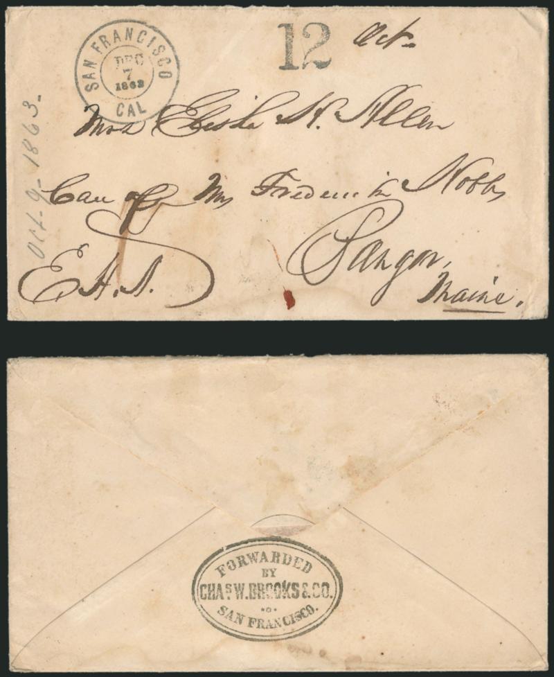 Forwarded by Chas. W. Brooks & Co. San Francisco.> Clear strike of double-line oval handstamp on back of cover from Hawaii to Mrs. Elisha H. Allen, Mrs. Elisha H. Allen, in care of Mrs. Frederic Hobbs, Bangor
Me., endorsed <<E.H.A.>> (Elisha H. All