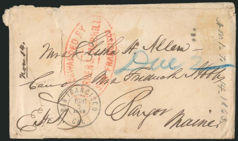 Forwarded by McRuer & Merrill, San Francisco.> Red oval handstamp on cover from Hawaii to Mrs. Elisha H. Allen, in care of Mrs. Frederic Hobbs, Bangor Me., endorsed <<E.H.A.>> (Elisha H. Allen), San Francisco
Cal. Dec. 7, 1863 double-circle dates