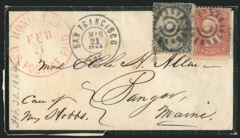2c Black, 3c Rose (65, 73).> Tied by cogwheel cancels on <small mourning envelope from Hawaii to Bangor Me.,> addressed in the hand of Elisha H. Allen to Mrs. Allen, care of Mrs. Frederic Hobbs, red onolulu
U.S. Postage Paid Feb. 27> (1864) circu