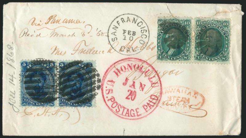 1866, 5c Blue (32).> Horizontal pair, tied by boldly struck large 7-bar grid cancels, used with <United States 1861 10c Green (68),> horizontal pair, s.e. at left, cancelled by cork and duplex San Francisco
Cal. Feb. 10 (1868) circular datestamp on