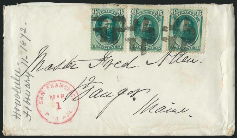 1871, 6c Yellow Green (33).> Three singles, tied by bold strikes of circle of Vs cancel on 1872 cover to Master Frederick H. Allen in Bangor Me., magenta San Francisco Paid All Mar. 1 circular datestamp, some
cover tears, left stamp with perf faul