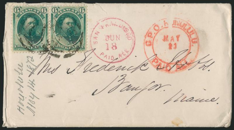 1871, 6c Yellow Green (33).> Horizontal pair, tied by <3-ring target with center pin cancels,> red G.P.O. Honolulu, Paid All, May 2? double-circle datestamp on 1872 cover to Mr. Frederick H. Allen in Bangor
Me., magenta San Francisco Paid All Jun.