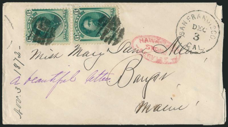 1871, 6c Yellow Green (33).> Two, tied by segmented cork cancels with duplex San Francisco Cal. Dec. 3 (1872) circular datestamp on cover to Miss Mary Jane Allen in Bangor Me., partly clear strike of red
awaiian Steam Service>> double-line oval