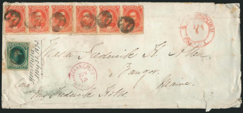 1864, 2c Rose Vermilion (31).> Horizontal strip of six, used with 6c Yellow Green (33) and cancelled by seven strikes of <negative HI oval,> red G.P.O. Honolulu, Paid All, Jun. 5 double-circle datestamp on
1872 legal-size cover to Master Frederic