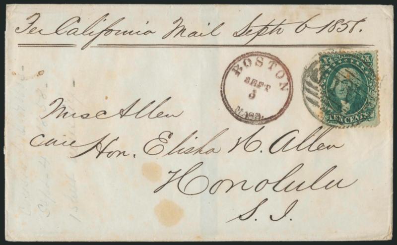10c Green, Ty. II, (32).> Tied by large Paid circular grid, Boston Mass. Sept. 5 double-circle datestamp on 1858 cover to <<Mrs. Allen, Care of Hon. Elisha H. Allen>> in onolulu, S.I. (Hawaii),> endorsed at
top <<Per California Mail Sept. 5