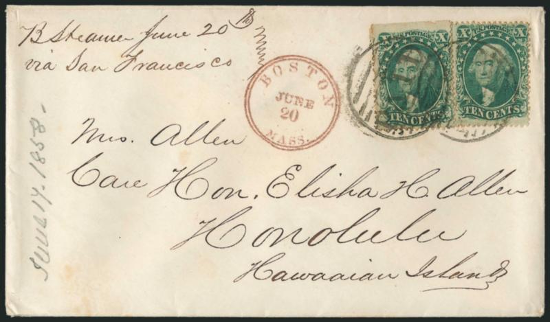 10c Green, Ty. II, III (32, 33).> Two singles affixed slightly overlapping, right stamp Ty. II, left stamp natural s.e. at top, tied by large Paid circular grids, Boston Mass. June 20 double-circle datestamp
on 1858 cover to <<Mrs. Allen, Care o