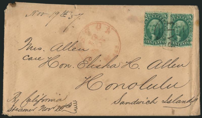 10c Green, Ty. II, III (32, 33).> Two singles affixed with perfs inter-joining, right stamp Ty. II and defective, tied by large Paid circular grid, red Boston Mass. 19 Nov. circular datestamp on 1857 cover to
<<Mrs. Allen, Care of Hon. Elisha H.