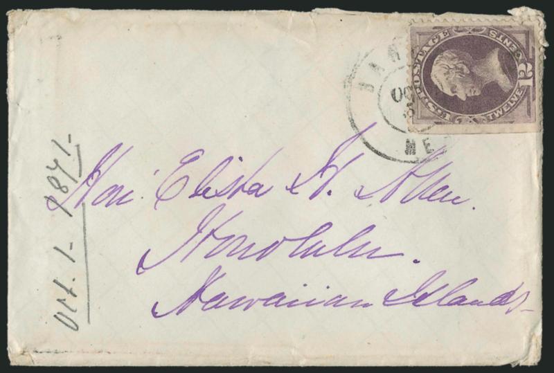 12c Dull Violet (151).> Natural s.e. at left, tied by Bangor Me. Oct. 5 double-circle datestamp on small 1871 cover to Hon. Elisha H. Allen in onolulu, Hawaii,> red San Francisco Paid All Oct. 18 circular
datestamp on back, stamp with faults an