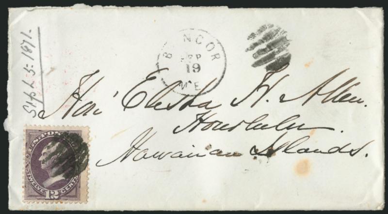 12c Dull Violet (151).> Deep rich color, just tied by five bar grid cancel with matching strike at top, Bangor Me. Sep. 19 circular datestamp on 1871 cover to Hon. Elisha H. Allen in onolulu, Hawaii,> red San
Francisco Paid All Oct. ? circular