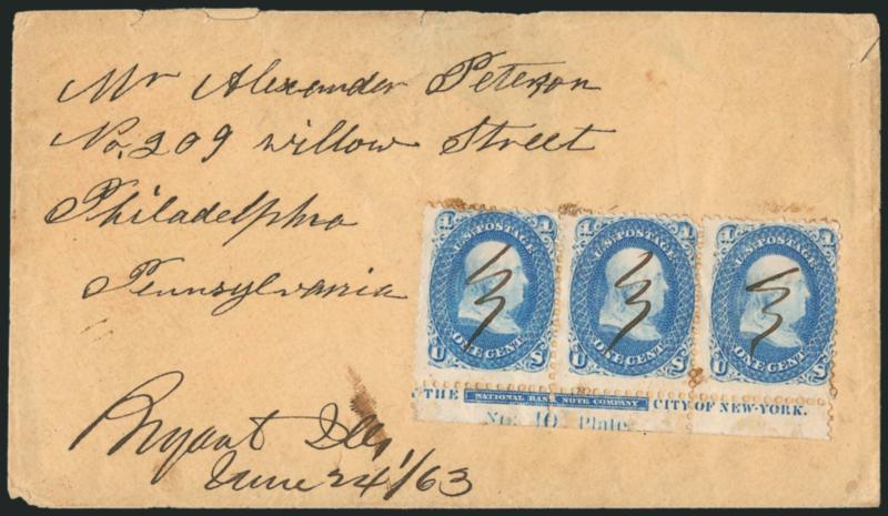 1c Blue (63).> Horizontal strip of three with <imprint and plate no. 10 selvage at bottom,> each stamp cancelled by neat ms. squiggle, matching Bryant Ill. June 24, 1863 manuscript postmark on cover to
Philadelphia, strip with some soiling from can