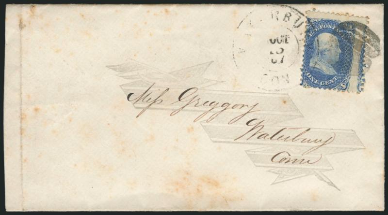 1c Blue (63).> Bright color, centered to bottom left, tied by <Waterbury Conn. Tulip fancy cancel> (Rohloff F4) and Waterbury Con. Oct. 15, 1867 double-circle datestamp on local cover with dove and ribbon
address panel, cover with few toned spots