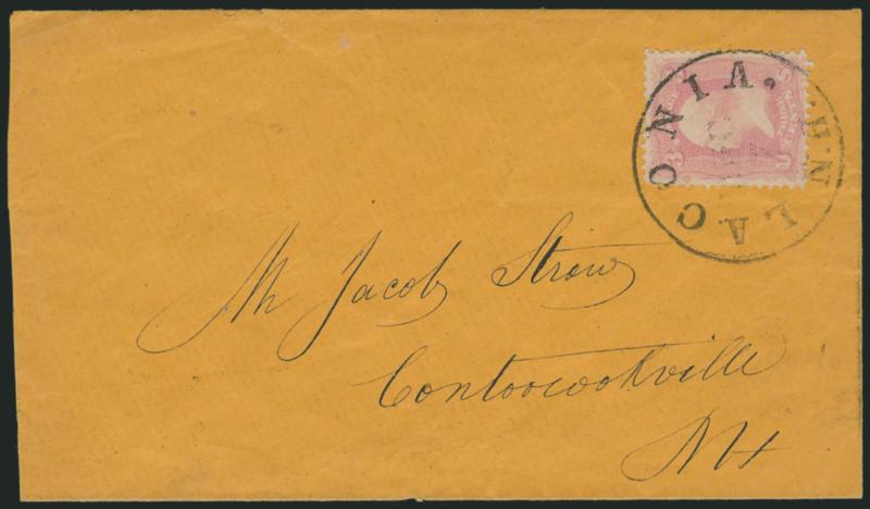 3c Pigeon Blood Pink (64a).> Radiant color in the true Pigeon Blood Pink shade, tied by well-struck Laconia N.H. Dec. 7 on orange cover to Contoowokville N.H., slightly reduced at left<><>^FRESH AND VERY FINE.
AN ATTRACTIVE USAGE OF THE 3-CENT 18