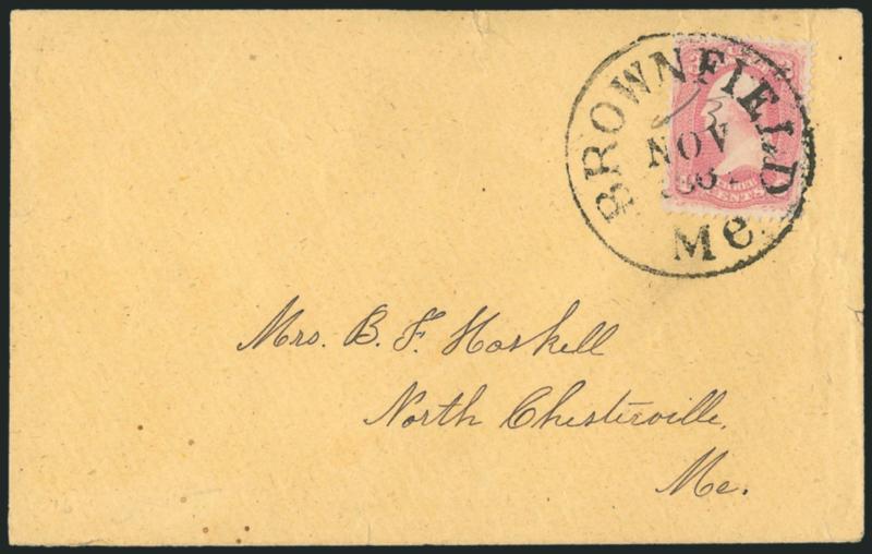 3c Pigeon Blood Pink (64a).> Radiant color in the true Pigeon Blood Pink shade, tied by well-struck Brownfield Me. Nov. 13, 1861 circular datestamp with day in manuscript on cover to North Chesterville Me.,
tiny cover tear at top well away from sta