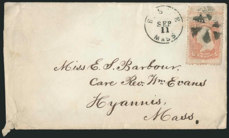 3c Rose (65).> Two covers, each bears single with <selvage with part imprint> at top, together they form the entire imprint and at one time were a pair, one used from Cambridge Mass to Hyannis, other from
Boston to same recipient, some edgewear and c