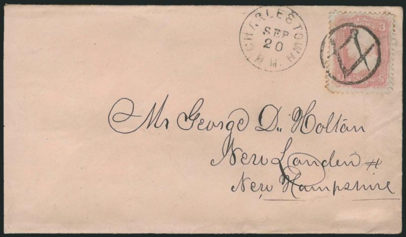 3c Rose (65).> Wide margins, small tear at right, toned perfs, tied by <Masonic Square & Compass in Circle> fancy cancel, Charlestown N.H. Sep. 20 circular datestamp on cover to New London N.H., slightly
reduced at left, Very Fine strike