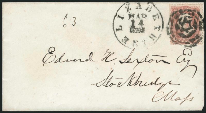 3c Rose (65).> S.e. at left, tied by bold strike of <5-point Star in Circles> fancy cancel, matching Elizabeth N.J. Mar. 14 circular datestamp with year blocked out on small cover to Stockbridge Mass., ms.
<<63>> at top left, couple mounting adhe