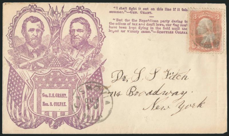 3c Rose (65).> Bright shade, choice centering, cancelled by segmented cork, Casnovia Mich. Oct. 15 circular datestamp on cover to New York City with <purple Grant and Colfax dual portraits in frame with flags
and quotes,> Milgram UG-35, slightly re