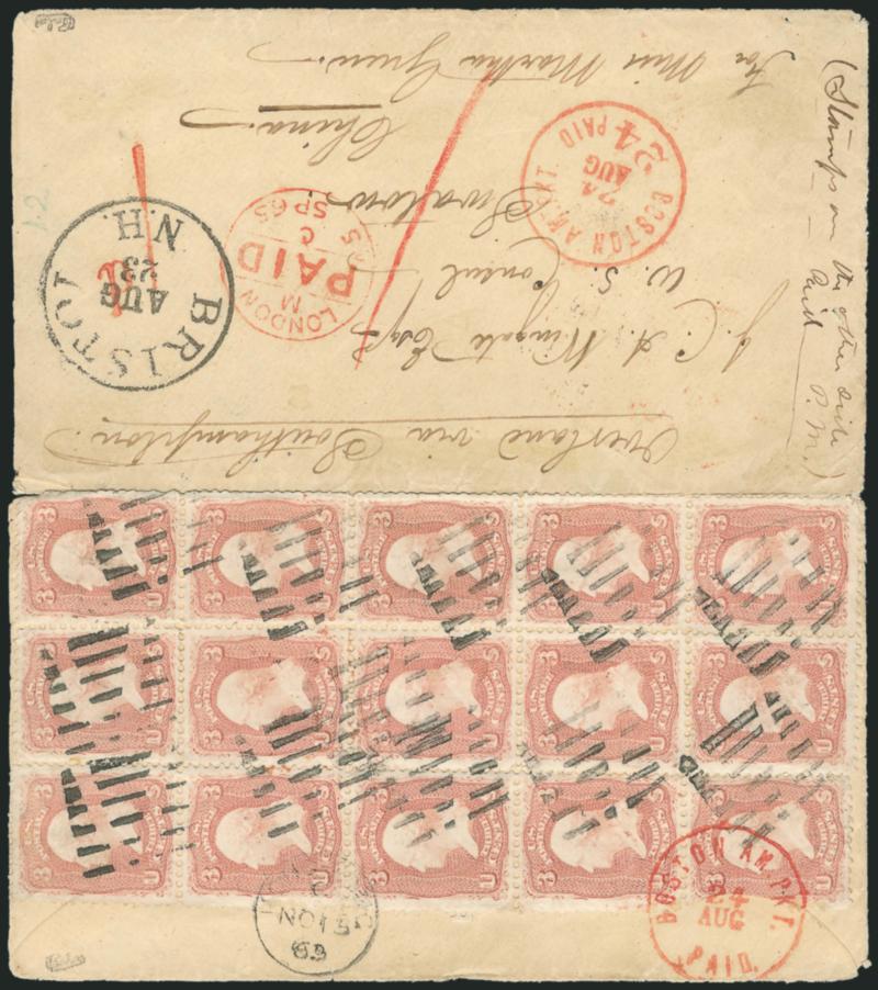 3c Rose (65).> Block of fifteen, bright color, cancelled by unusual open grids on back of cover addressed <to U.S. Consul at Swatow, China,> neat Bristol N.H. Aug. 23 circular datestamp, red Boston A. Pkt. 24
Paid 24 Aug. credit datestamp, endors