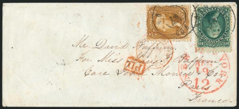 5c Buff (67).> Rich color, used with <10c Yellow Green (68)> and tied by light strikes of Aug. 18, 1862 Conn. double-circle datestamps on cover <to Paris, France,> red New York Paid 12 Aug. 19 credit datestamp
also ties 10c, 5c also tied by red Fre