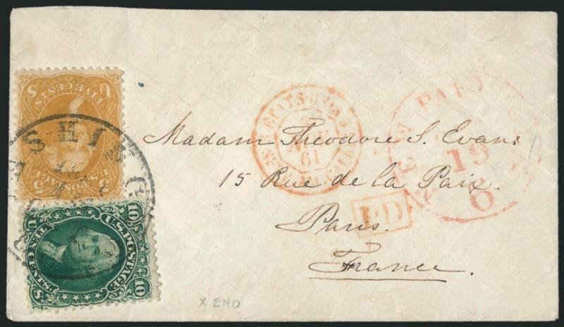 5c Brown Yellow (67a).> Nicely centered and choice color, used with <10c Green (68),> both tied by Washington D.C. double-circle datestamp on small Oct. 1861 cover to France, red New York Paid 6 Oct 19 credit
datestamp, Calais transit and small b