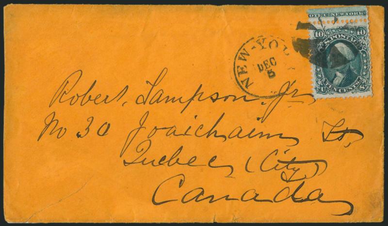 10c Yellow Green (68).> Two covers, each with <part imprint selvage at top,> different positions which originally formed a pair, each used from New York, both to Canada but different destinations, minor flaws,
Fine and highly exhibitable