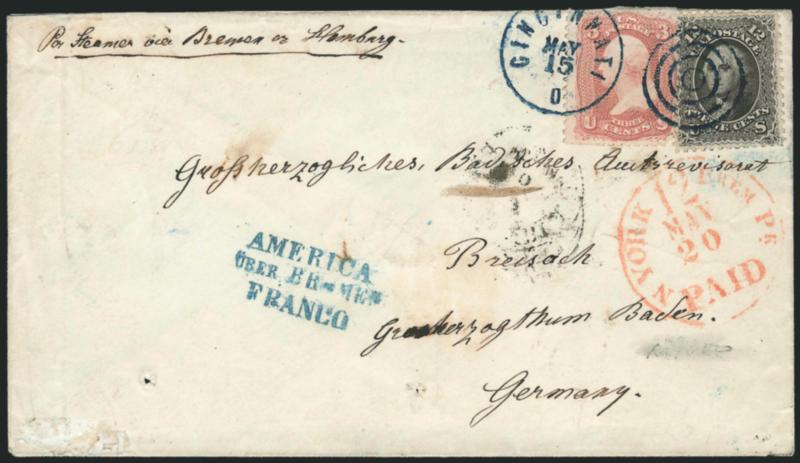 12c Black (69).> Used with 3c Rose (65), cancelled and tied by blue target and matching Cincinnati O. May 15 circular datestamp on cover <to Breisach, Germany,> red New York Paid 12 May 20 credit datestamp,
blue AmericaUber BremenFranco hands