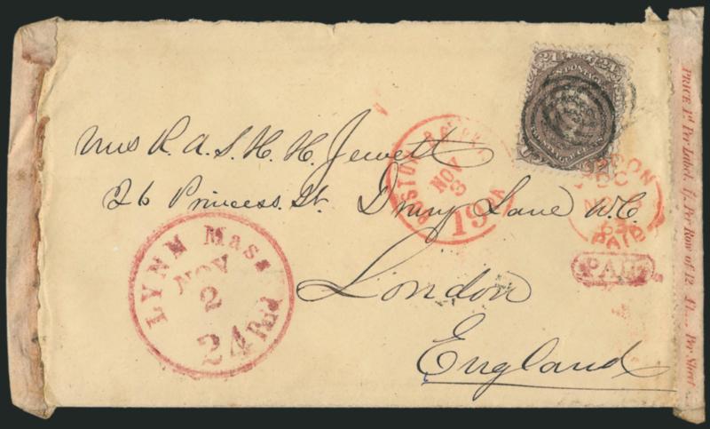 24c Red Lilac (70).> Warm color, tied by targets, magenta Lynn Mass. 24 Paid Nov. 2 integral-rate datestamp on cover <to London, England,> red 1863 London transit also ties stamp as does red Boston Br. Pkt. 19
Paid Nov. 3 credit datestamp, <side