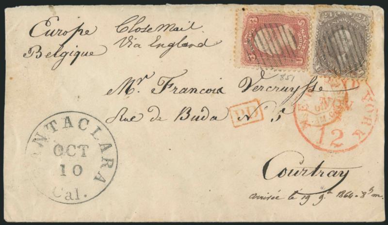 24c Red Lilac (70).> Bright color, <used with 3c Rose (65),> cancelled by open grids, Santa Clara Cal. Oct. 10 circular datestamp on 1864 cover <to Courtray, Belgium,> 24c also tied by red New York 12c credit
datestamp and French transit, stamps wi