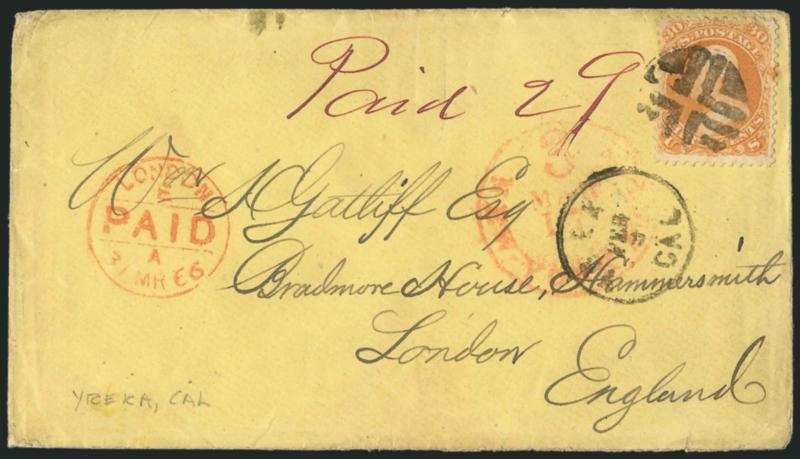 30c Orange (71).> Light crease, tied by geometric cork cancel, Yreka Cal. Feb. 9 circular datestamp on 1866 yellow cover <to London, England,> red New York 3c credit datestamp, magenta ms. Paid 29 at top,
receiving datestamp at left, minor wear,
