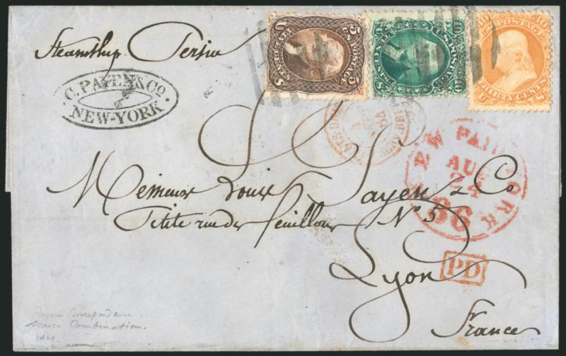 30c Orange (71).> Used with <5c Brown, 10c Green (68, 76),> tied by segmented grids, red New York Paid 36 Aug 24 credit datestamp on blue folded cover <to Lyon, France,> transit and receiving datestamps, one
of which ties the 5c and 10c stamps, box