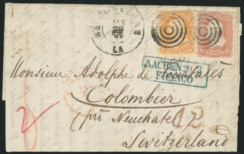 30c Orange (71).> Used with 3c Rose (65), tied by targets, New Orleans La. Jan. 28 66 double-circle datestamp on folded letter <to Colombier, Switzerland,> red New York and blue Aachen transits, red 12 credit
handstamp, Swiss transit backstamps,