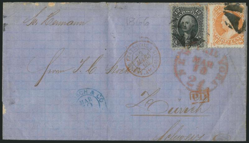 30c Orange (71).> Straddle-margin at left, used with <12c Black (69)> and tied by segmented corks and red New York Paid 24 Mar. 10 credit datestamp on blue 1866 folded letter <to Zurich, Switzerland,> Calais
transit and receiving backstamp, some sl