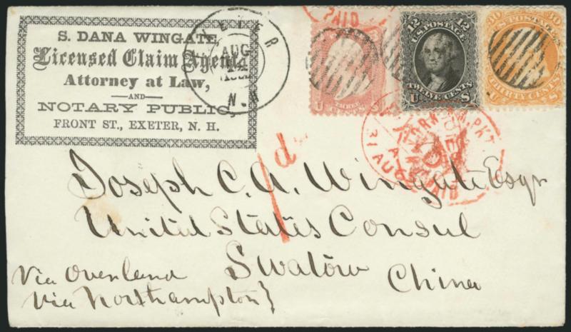 30c Orange (71).> Used with <3c Rose and 12c Black (65, 69),> bright and fresh, tied by grids, Exeter N.H. Aug. 14, 1865 double-circle datestamp on <attorneys corner card cover to Swatow, China,> stamps also
tied by red N. York Am. Pkt. Paid Aug.