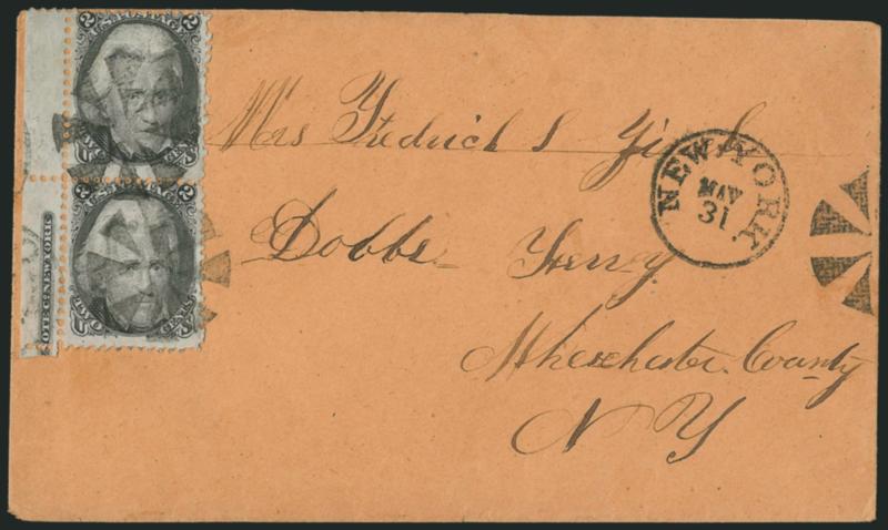 2c Black (73).> Five covers, each with <part imprint selvage,> incl. pair on cover overpaying 3c rate, two used with 1c Blue (63) and two bear singles, range of usages, few flaws, overall Fine-Very Fine, a
scarce group