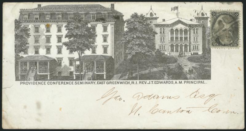2c Black (73).> Cancelled by quartered cork on unsealed <illustrated Providence Conference Seminary> cover to N. Canton Conn., faint strike of circular datestamp at top right, stamp with small corner crease at
top right ending in tiny tear, cover wit