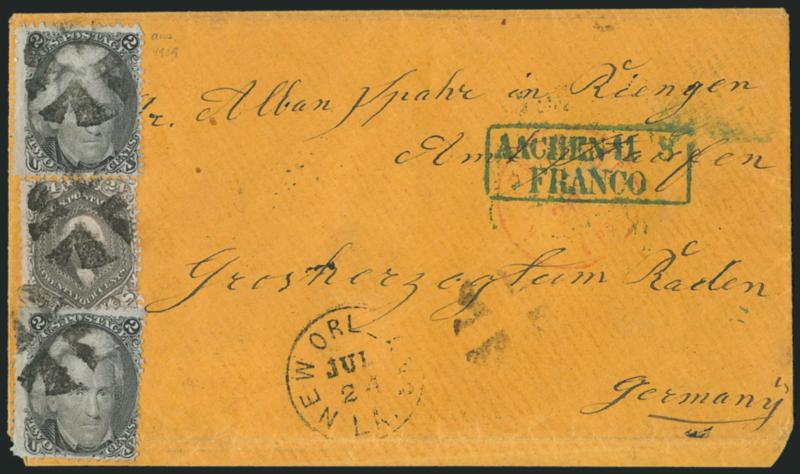 2c Black (73).> Two, used with <24c Grayish Lilac (78a),> tied by corks, New Orleans La. Jul. 24 circular datestamp on 1867 orange cover <to Baden, Germany,> red New York transit, blue boxed Aachen Franco
handstamp, horizontal file fold affects b
