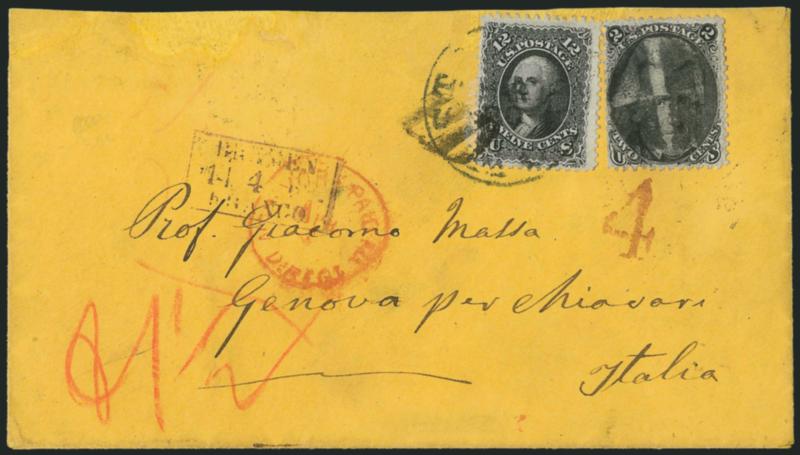 2c Black (73).> Cancelled by quartered cork and <used with 12c Black (69),> tied by indistinct circular datestamp on orange cover <to Genova, Italy,> red New York Paid All Direct Apr. ? circular datestamp, red
4 credit handstamp, 1868 transit bac