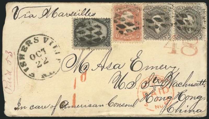 2c Black (73).> Used with <3c Rose (65)> and horizontal pair of <24c Dark Gray (78b),> tied by circle of diamonds cancel, Fishersville N.H. Oct. 22 circular datestamp on 1866 cover to U.S.S. <<Wachusett>> <at
Hong Kong,> red ms. Paid 53, red 48