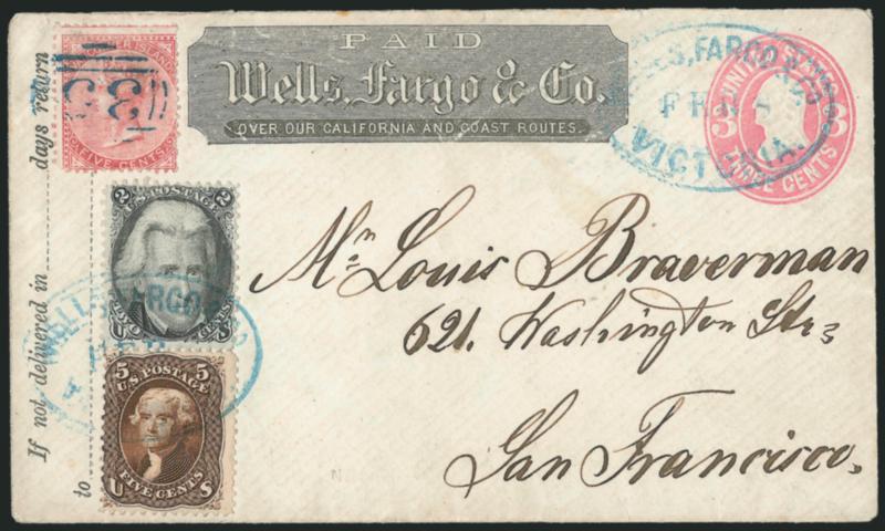 2c Black, 5c Brown (73, 76).> Tied by blue <Wells, Fargo & Co. Victoria Feb. 8> oval datestamps, used with <Vancouver Island, 1865, 5c Rose (5)> tied by 35 in barred oval cancel on 3c Pink on White entire with
Wells Fargo & Co. printed frank <to