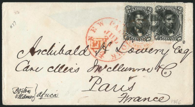 15c Black (77).> Two covers to Paris, France, first bears single tied by red Boston Paid 6 Jun. 21 (1867) credit datestamp, second with two singles tied by red New York Paid 24 Jul. 31 (1866) credit datestamp,
Fine
