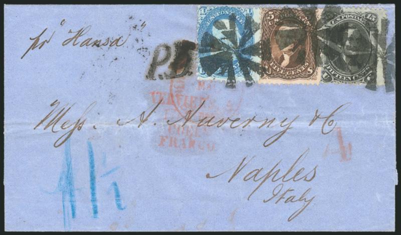 15c Black (77).> Used with <1c Blue (63) and 5c Brown (76),> tied by well-struck circle of Vs on blue 1868 folded cover <to Naples, Italy,> red New York circular datestamp also ties 1c, bold P.D. handstamp,
red 4 credit, light horizontal file fo