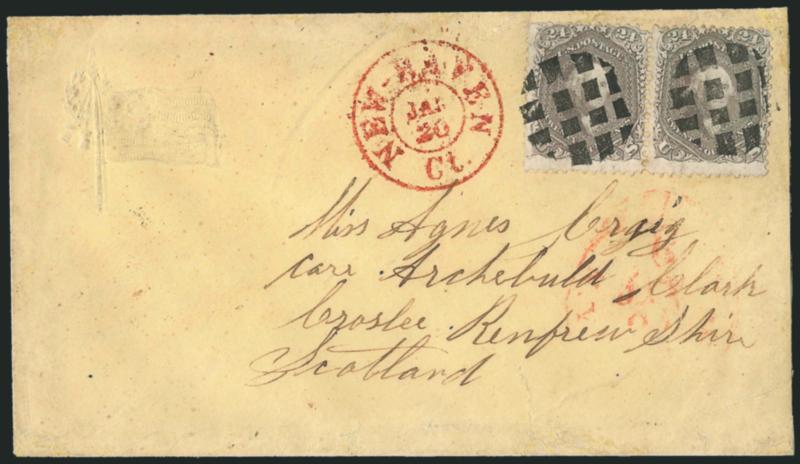 24c Gray (78).> Horizontal pair, tied by two neat strikes of waffle grids, red New-Haven Ct. Jan. 20 double-circle datestamp on 1865 <albino embossed Patriotic cover to Scotland,> neat strikes of Johnstone and
Paisley backstamps, slightly reduced a
