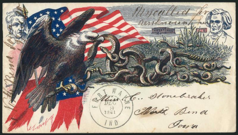 3c Rose (65).> Cancelled by grid (not tied), affixed over back flap of <multicolored patriotic cover depicting American Eagle destroying Confederate Flag and 13 Secessionist Serpents, with Union Flag, Andrew
Jackson and John C. Calhoun in background,