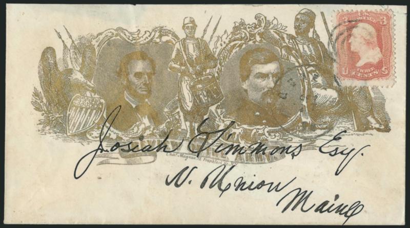 3c Rose (65).> Tied by target and indistinct circular datestamp on cover to N. Union Me. with <bronze Magnus Lincoln and McClellan Review of the Army patriotic design,> Milgram AL-257 (illustrated on p. 119),
missing small part of top flap, Very Fi