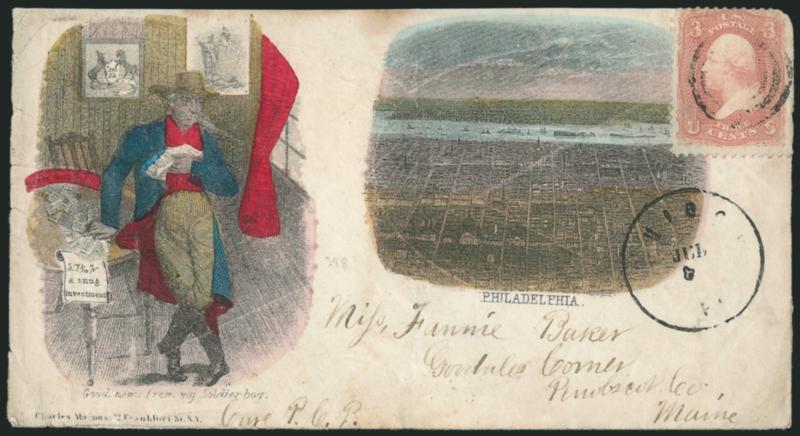 3c Rose (65).> Target cancel (not tied), partly readable circular datestamp on cover to Goodales Corner Maine, with <Magnus multicolored two-panel Good News from My Soldier Boy and Philadelphia design,> right
side of stamp with small faults and m