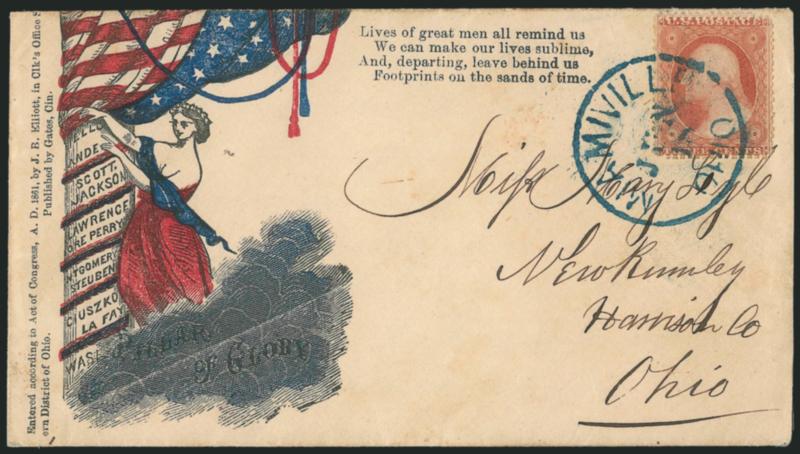 3c Dull Red, Ty. III (26).> Partial extra row of perfs at top, nicely centered, tied by bold blue Miamiville Ohio Jun. 18 circular datestamp on <Pillar Of Glory multicolor patriotic> cover, female allegorical
figure, flag and column listing names