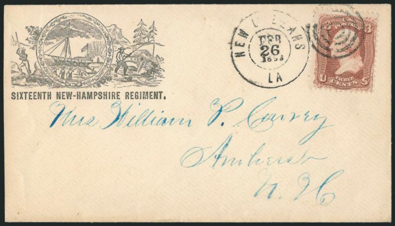 3c Rose (65).> Tied by target, New Orleans La. Feb. 26, 1863 double-circle datestamp on <Sixteenth New Hampshire Regiment Patriotic> cover to Amherst N.H., Very Fine, a pretty cover